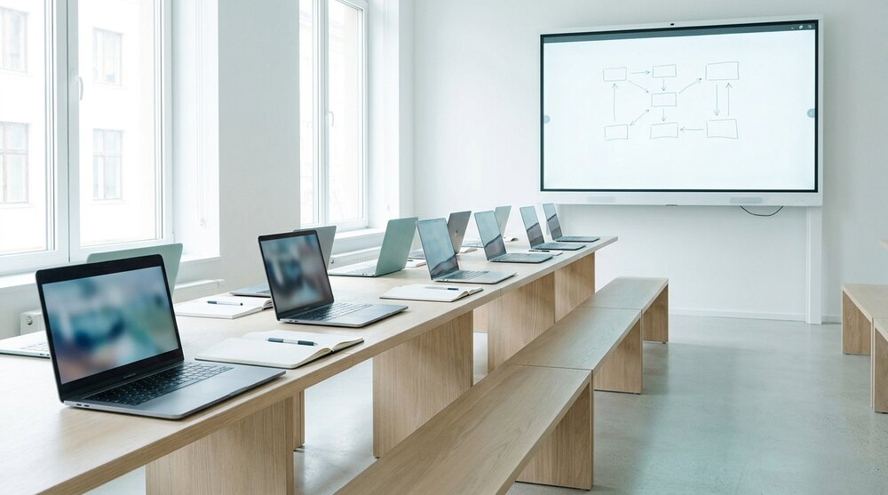 A bright training room with nobody in it, a row of open laptops along a pale wood bench with their screens soft and unreadable, notebooks and pens beside them, and a wall screen at the front carrying a hand-drawn box-and-arrow diagram