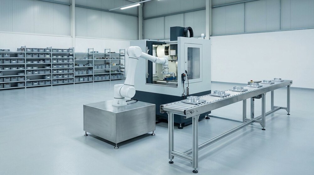 A white collaborative arm on a low steel base standing on the open floor of a clean factory, no fencing around it, reaching into a machine tool beside a conveyor of finished metal parts, with parts racking along the far wall