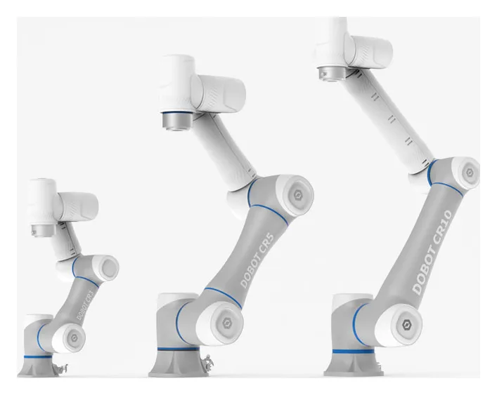 Three DOBOT CR series collaborative arms on white, rising in size from left to right
