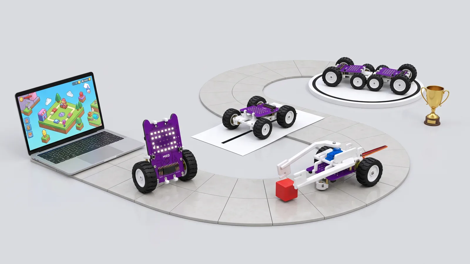 Purple MIEO robots from one RobolaB kit on a curving track beside a laptop: an upright two-wheeled robot, a line-following rover, a gripper reaching for a red cube and a pair of linked rovers next to a trophy